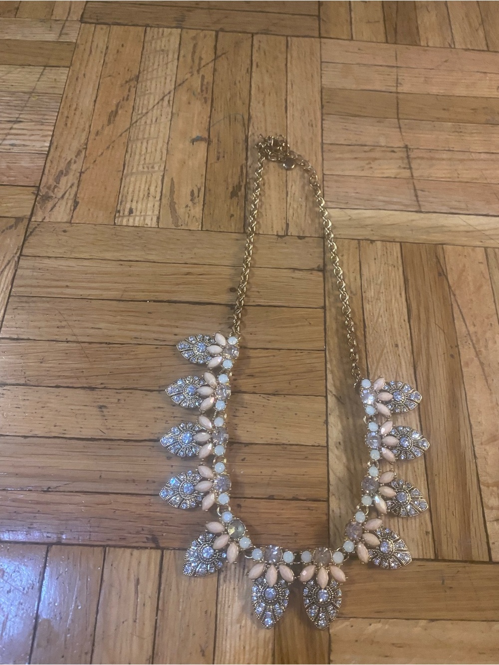 Gold Chain Statement Necklace with Pale Pink and Clear Stones